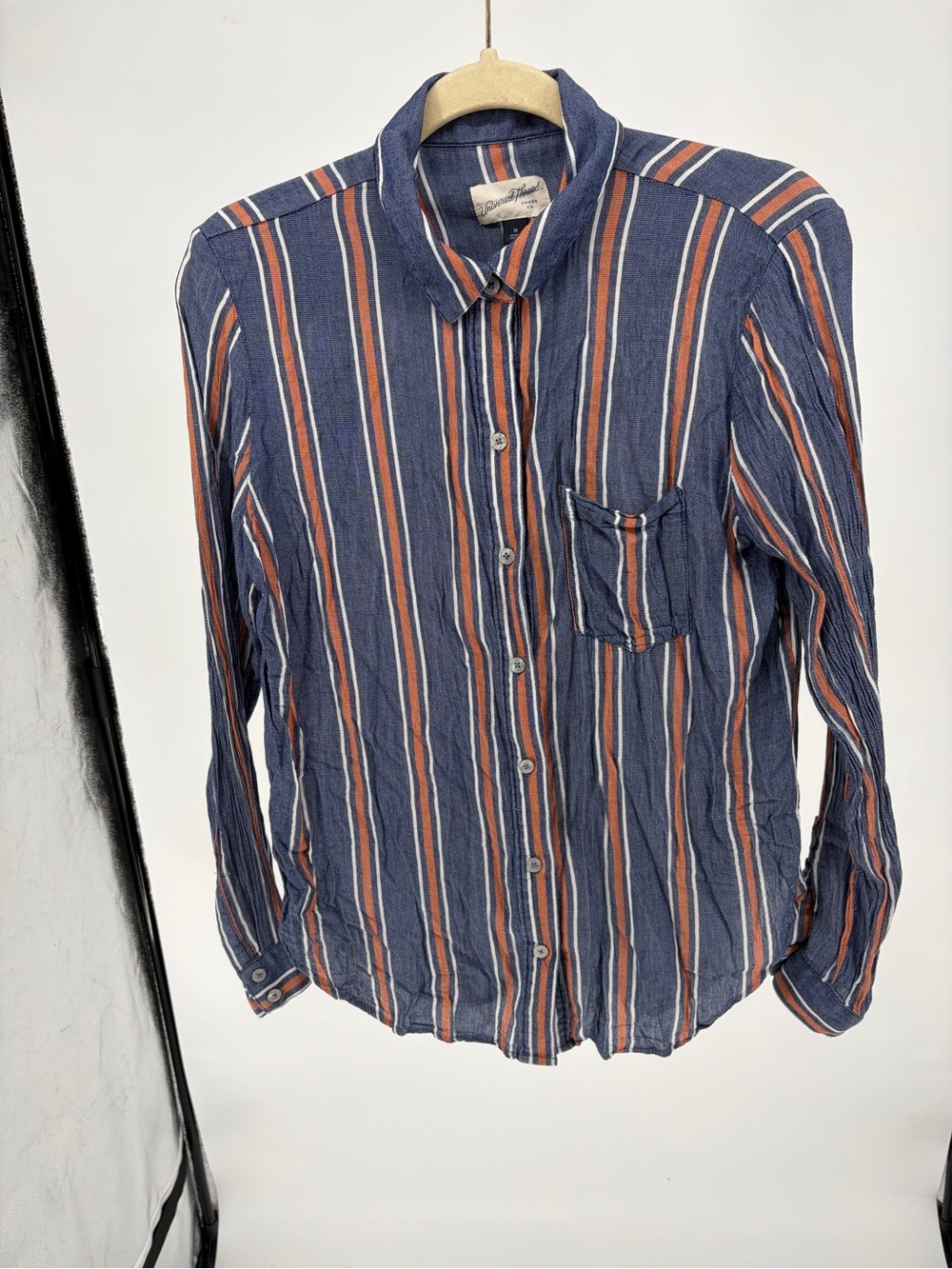 Women's Navy Blue Striped Button-Up Shirt
